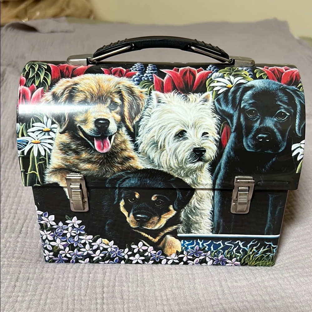 Pam Renfroe Artist Designed Collectible Puppy Dog Colorful VTG Lunchbox Tin